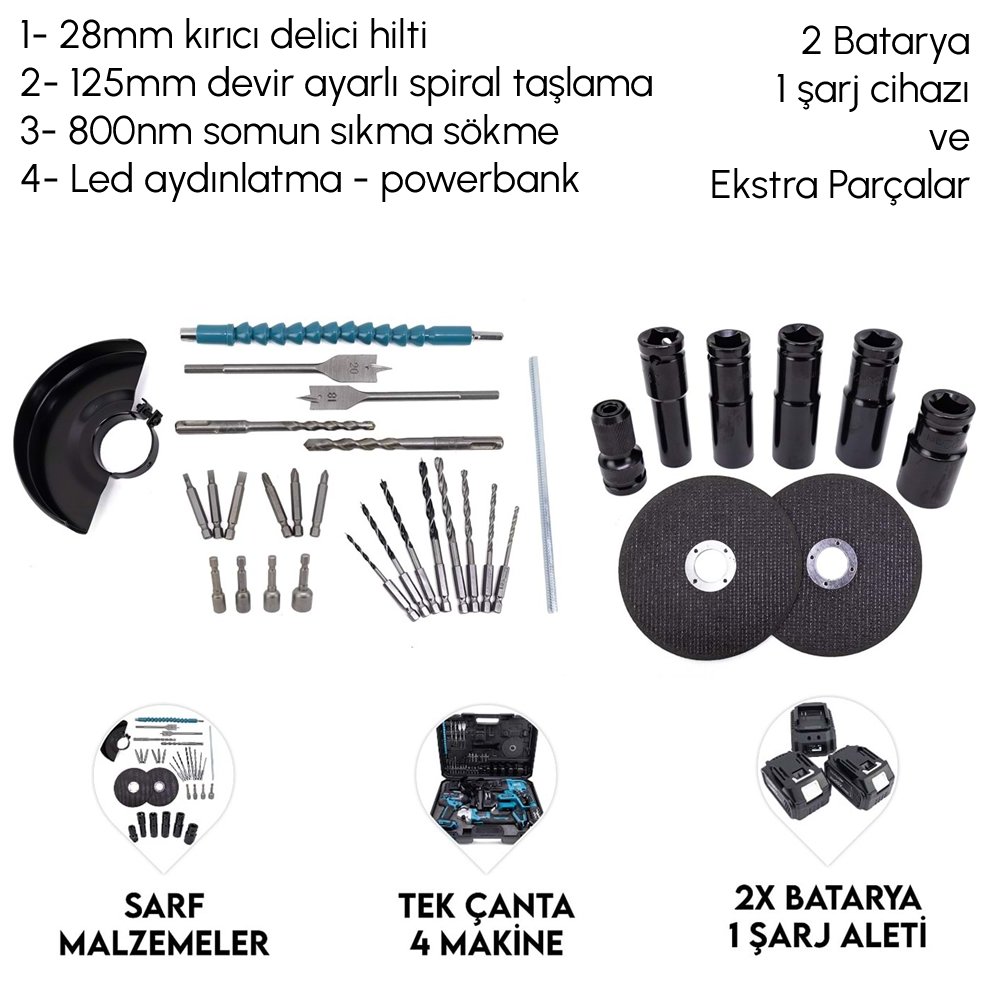 Akülü Kömürsüz 3IN1 Set Makine (800Nm Somun Sökme, Kırıcı Delici , 125mm Avuç Taşlama, Powerbank ve Led) 88Vf 10P PARÇALAR