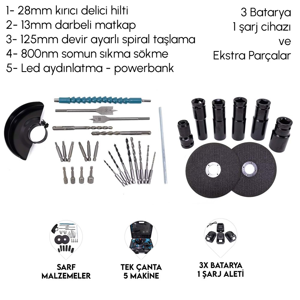 Makita MP005 Akülü Kömürsüz 5li Set Makine (800Nm Somun Sökme, Kırıcı Delici , 13mm Darbeli Vidalama, 125mm Avuç Taşlama, Powerbank ve Led) 88Vf 10P modelleri