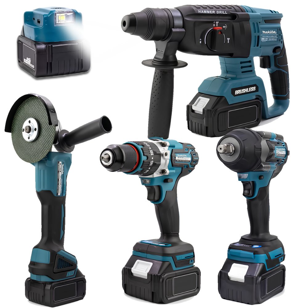 MakitaPlus MP005 Akülü Kömürsüz 5li Set Makine (800Nm Somun Sökme, Kırıcı Delici , 13mm Darbeli Vidalama, 125mm Avuç Taşlama, Powerbank ve Led) 88Vf 10P