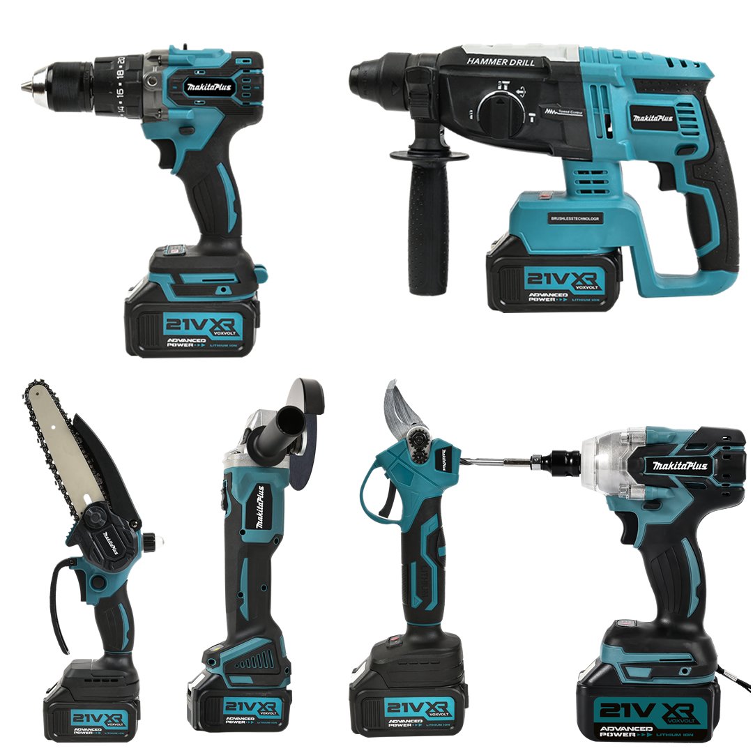 MakitaPlus MP007 Akülü Süper 6lı Set Makina 36V 3ah Avuç Taşlama, Sds Plus Kırıcı Delic, Somun Sıkma Sökme, Vidalama Matkap, Budama Testere, Budama Makası