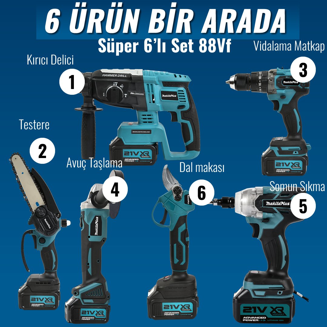 Makita MP007 Akülü Süper 6li Set Makina 88vf 5ah 125mm Avuç Taşlama, Sds Plus Kırıcı Delic, Somun Sıkma Sökme, Vidalama Matkap, Budama Testere, Budama Makası model ve fiyatlar