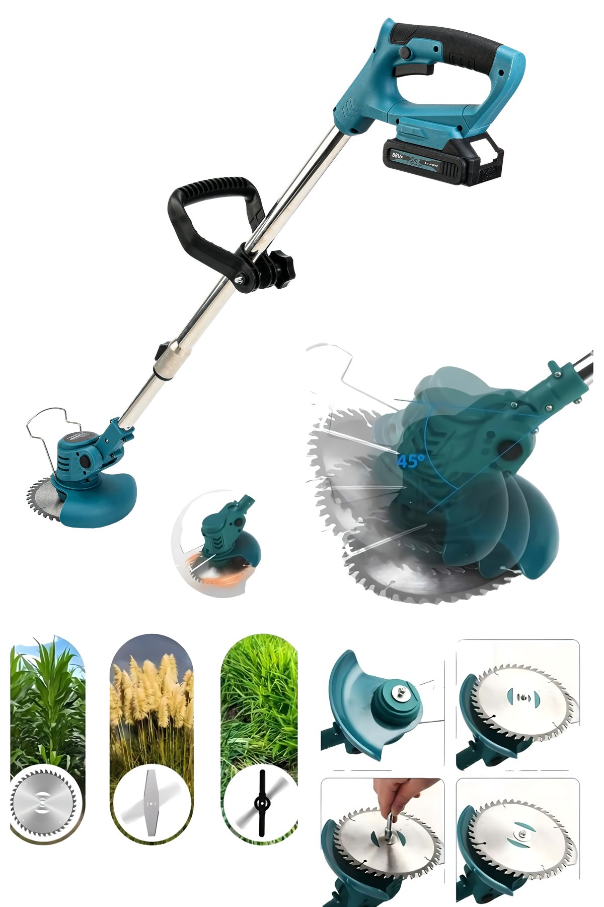 MakitaPlus MP009 Akülü Teleskopik Kollu 2li Bahçe Seti + Ot,Çim Biçme Makinesi 58Vf (Mavi) ot biçme kullanımı