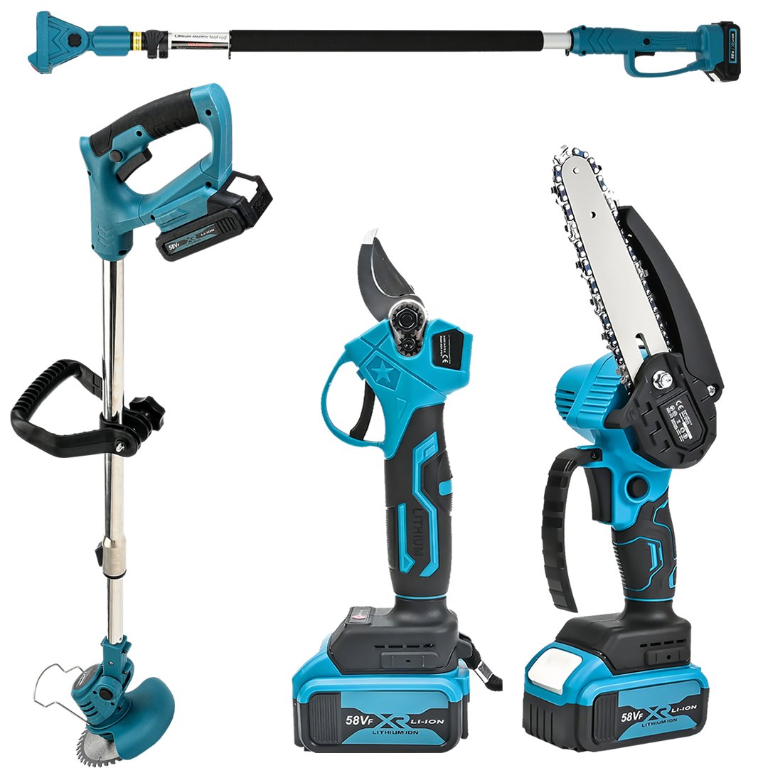 MakitaPlus MP009 Akülü Teleskopik 4lü Set Dal Budama Makası, Dal Budama Testeresi,  Ot Biçme ve Teleskopik Uzatma Kolu 58Vf (Mavi)