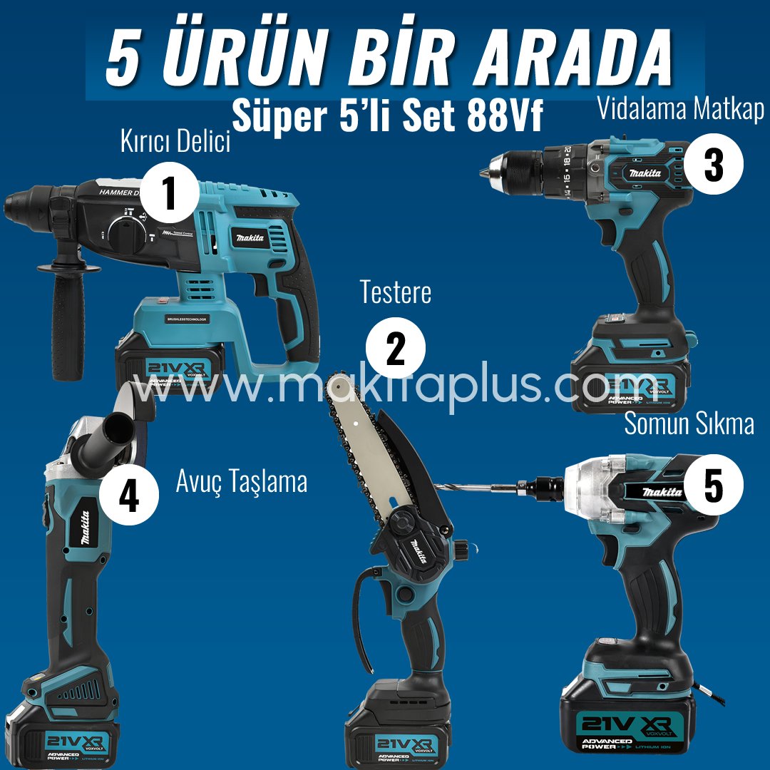 MakitaPlus MP010 Akülü Süper 5li Set Makina125mm Avuç Taşlama, Sds Plus Kırıcı Delici Hilti, Somun Sıkma Sökme, Vidalama Matkap, Budama Testere Modelleri