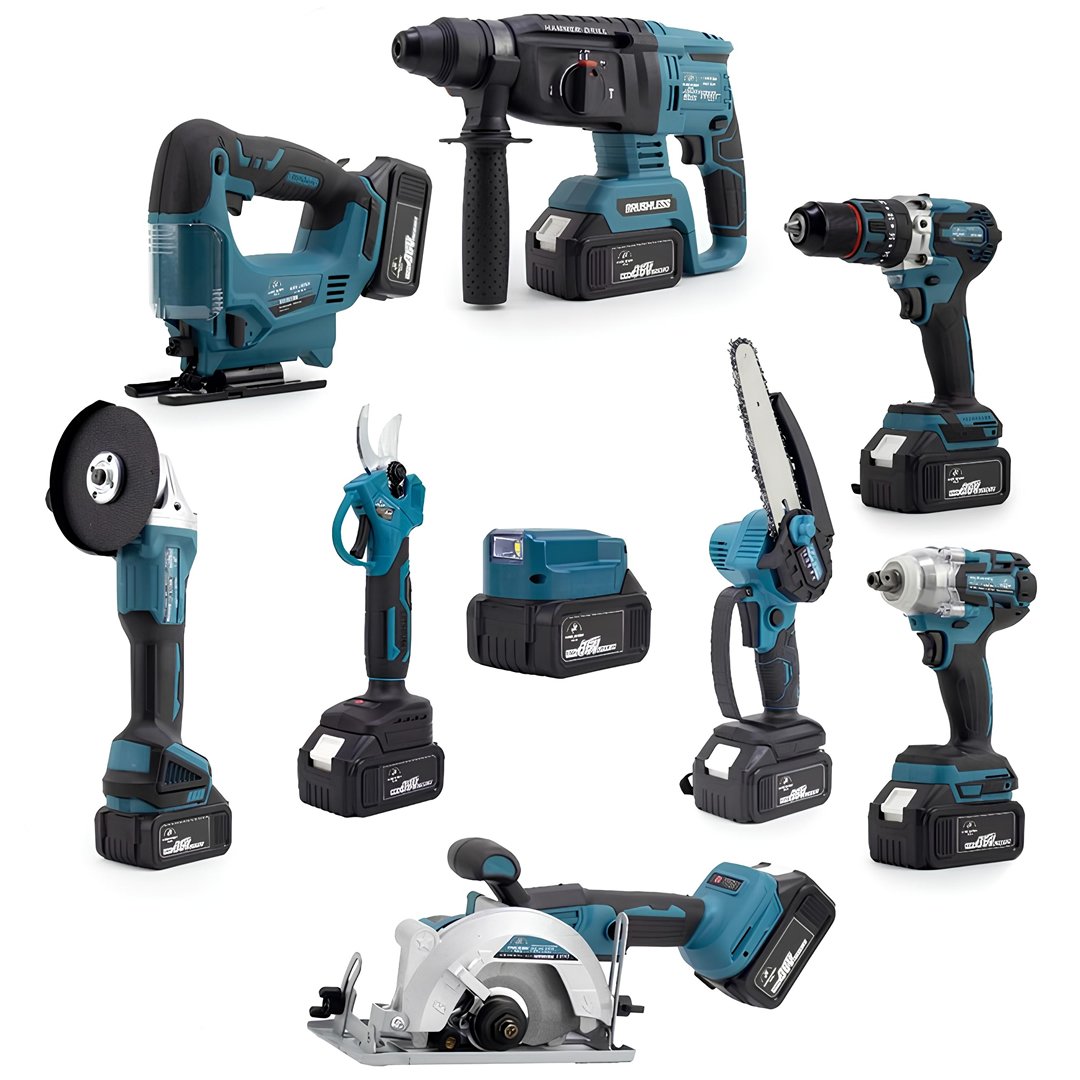 MakitaPlus MP010 Akülü 9 Lu Set (Power Bank ve Led + Kırıcı Delici Matkap + Avuç taşlama + Somun Sıkma + Vidalama + Sunta Kesme + Dekupaj + Budama Testeresi + Budama Makası)