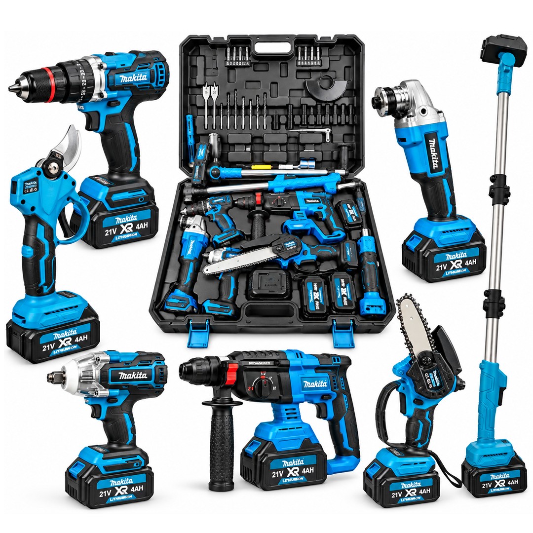 MakitaPlus MP012 Akülü Kömürsüz 7 li Set - Somun Sökme, Avuç Taşlama, Kırıcı Delici Matkap, Vidalama, 15cm Dal Budama Testere, 32mm Dal Budama Makası, 2mt Uzatma Çubuğu