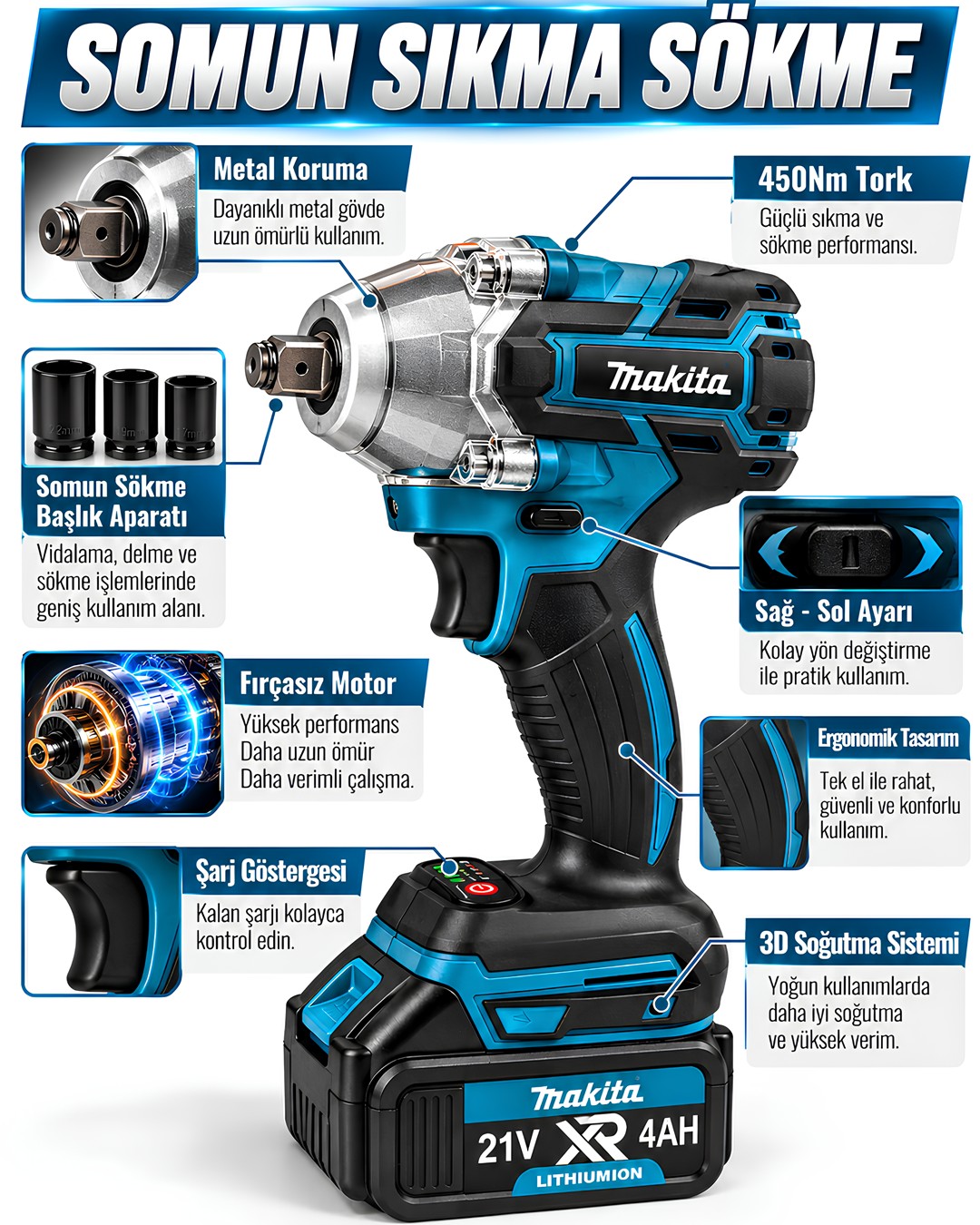 Makita Mp012 Komursuz Akulu 7li Set 450nm Somun Sokme