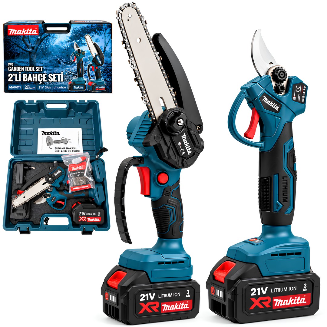 Makita MP015 Profesyonel Akülü Kömürsüz Motor 2li Bahçe Seti - 32mm Dal Budama Makası, 15cm Dal Budama Testeresi 21V 3ah Çift Batarya