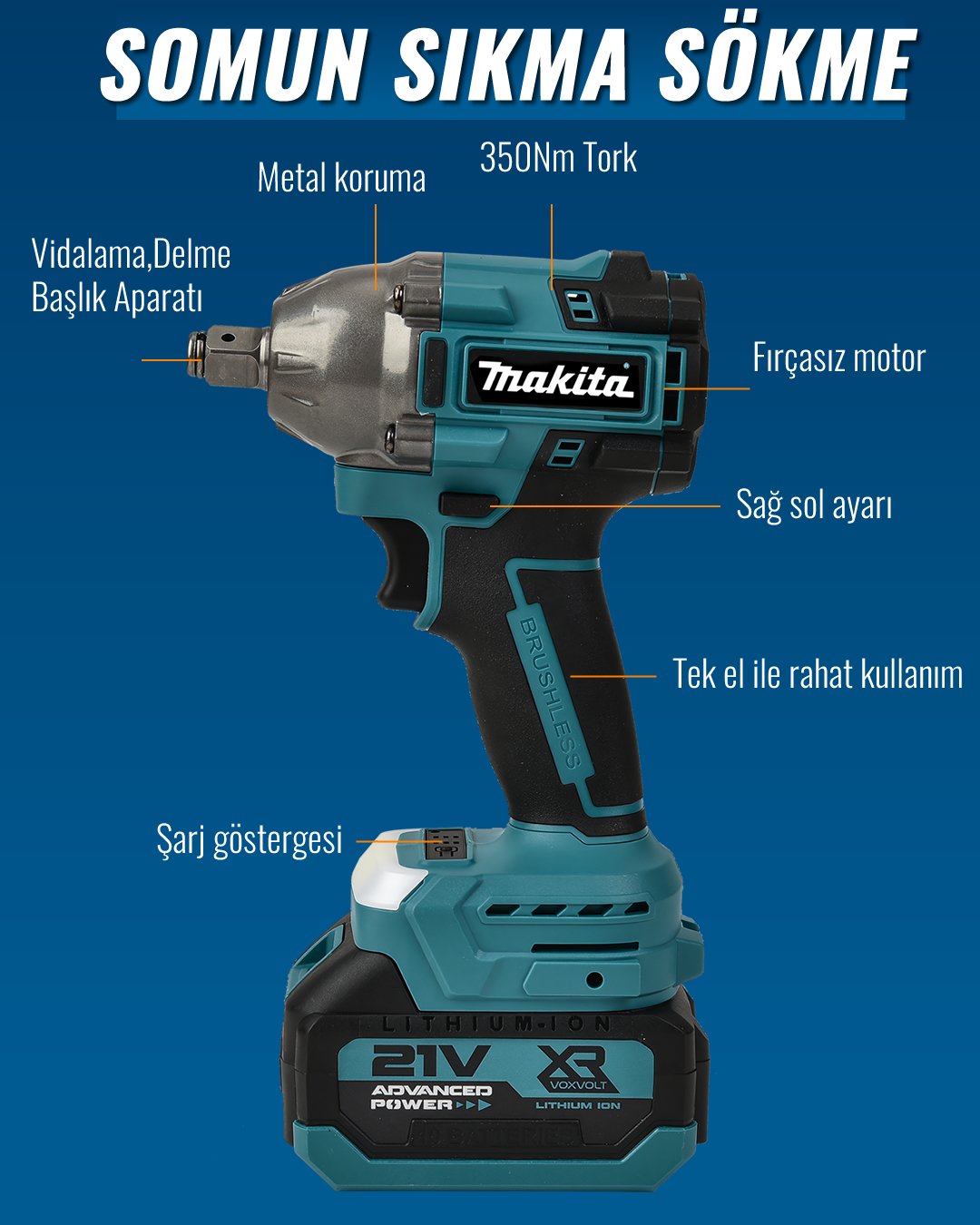 Makita MP002 Akülü Kömürsüz 6lı Set somun sökme özellikleri