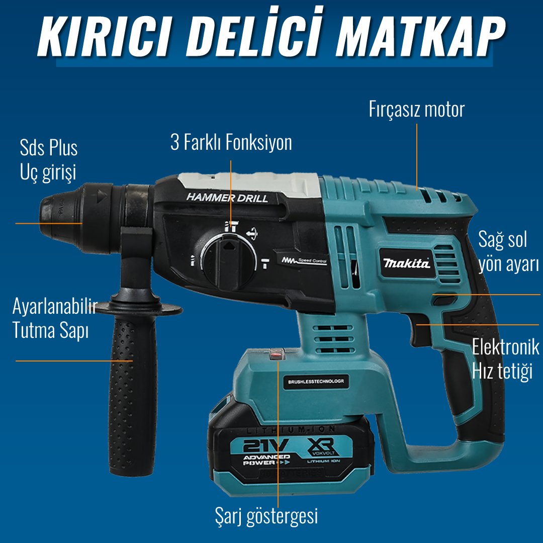 Makita MP002 Akülü Kömürsüz 6lı Set kırıcı delici matkap özellikleri