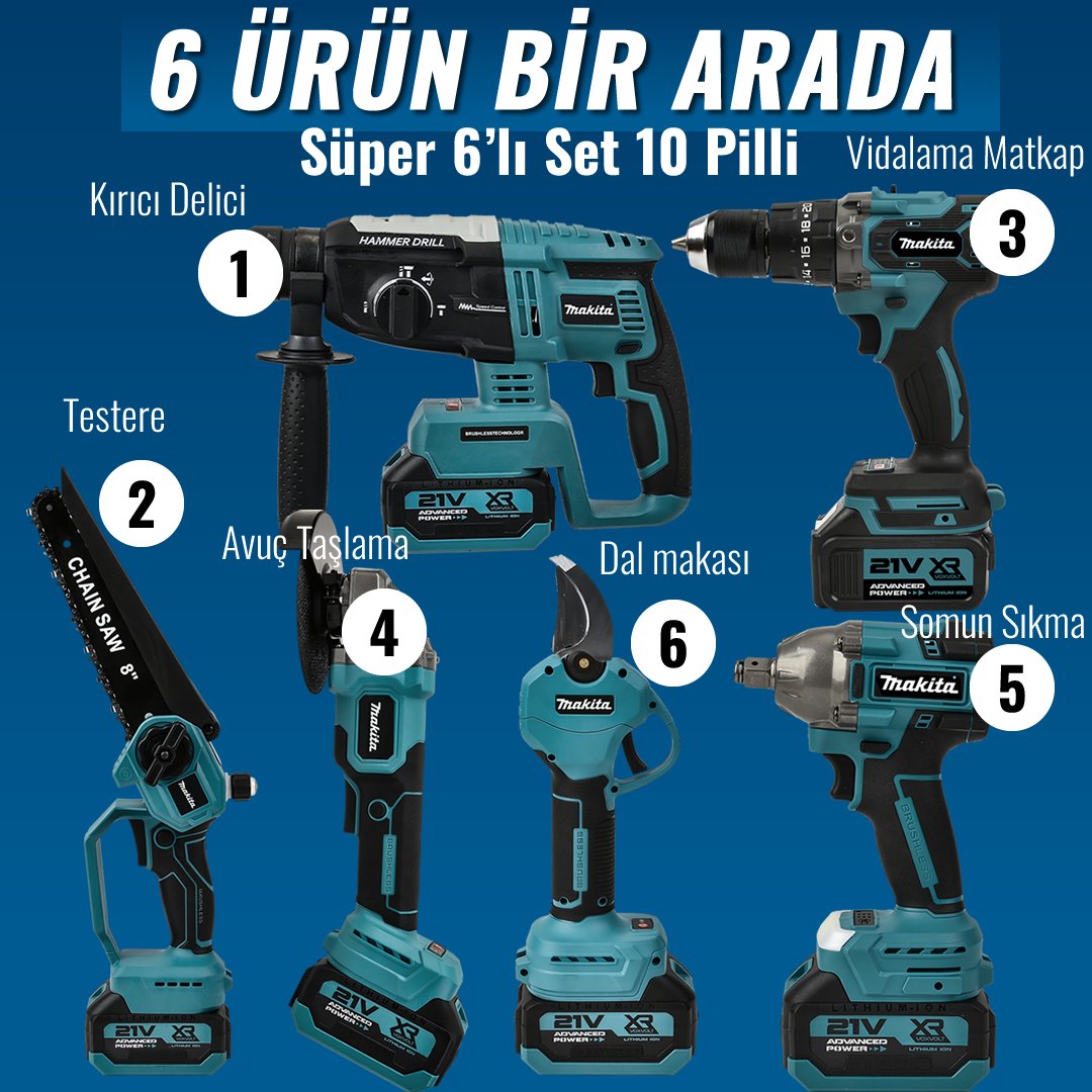 Makita MP002 Akülü Kömürsüz 6lı Set 350Nm Somun Sökme, 125mm Avuç Taşlama, Kırıcı Delici Matkap, Vidalama, 20cm Dal Budama Testere, 30mm Dal Budama Makas MODEL VE FIYATLAR