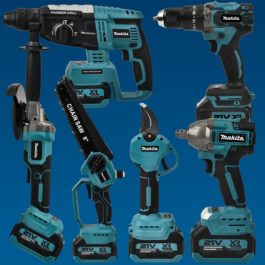 MakitaPlus MP002 Akülü Kömürsüz 6lı Set 350Nm Somun Sökme, 125mm Avuç Taşlama, Kırıcı Delici Matkap, Vidalama, 20cm Dal Budama Testere, 30mm Dal Budama Makas